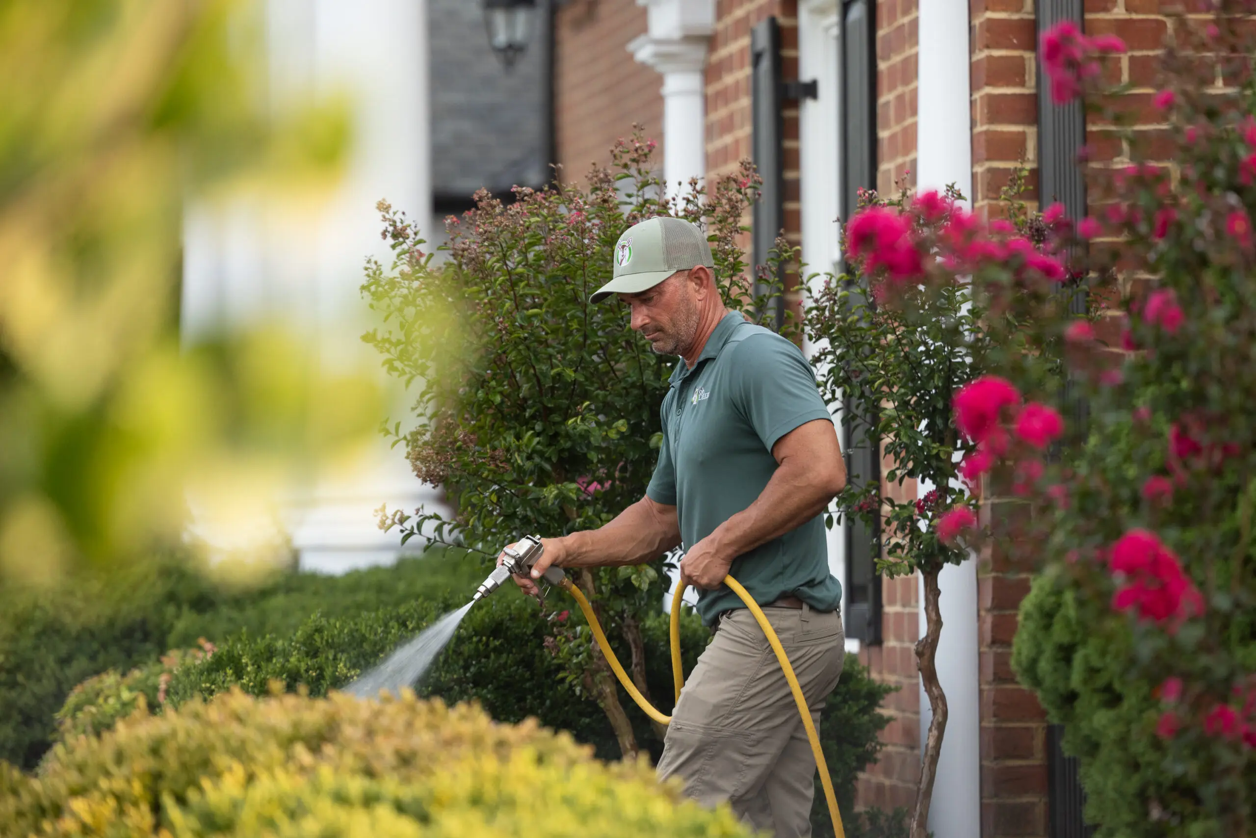 A man in a green polo and cap waters garden plants in front of a brick