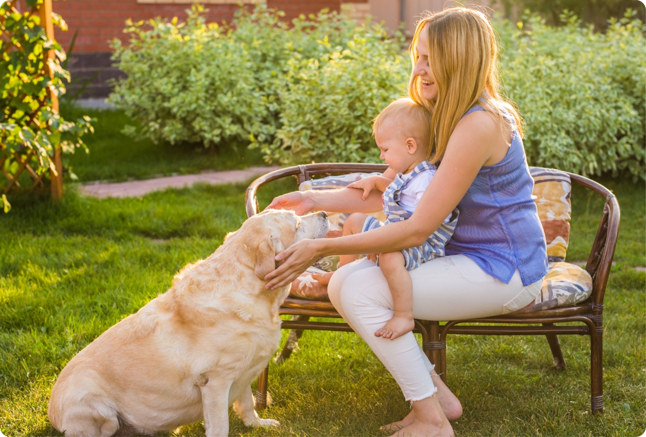 A blonde lady holding a young child loving on a dog on a bench in her backyard after it was treated with mosquito and tick spray control services.