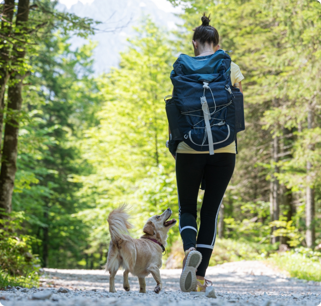 Woman hiking with her dog on a wooded trail surrounded by trees.