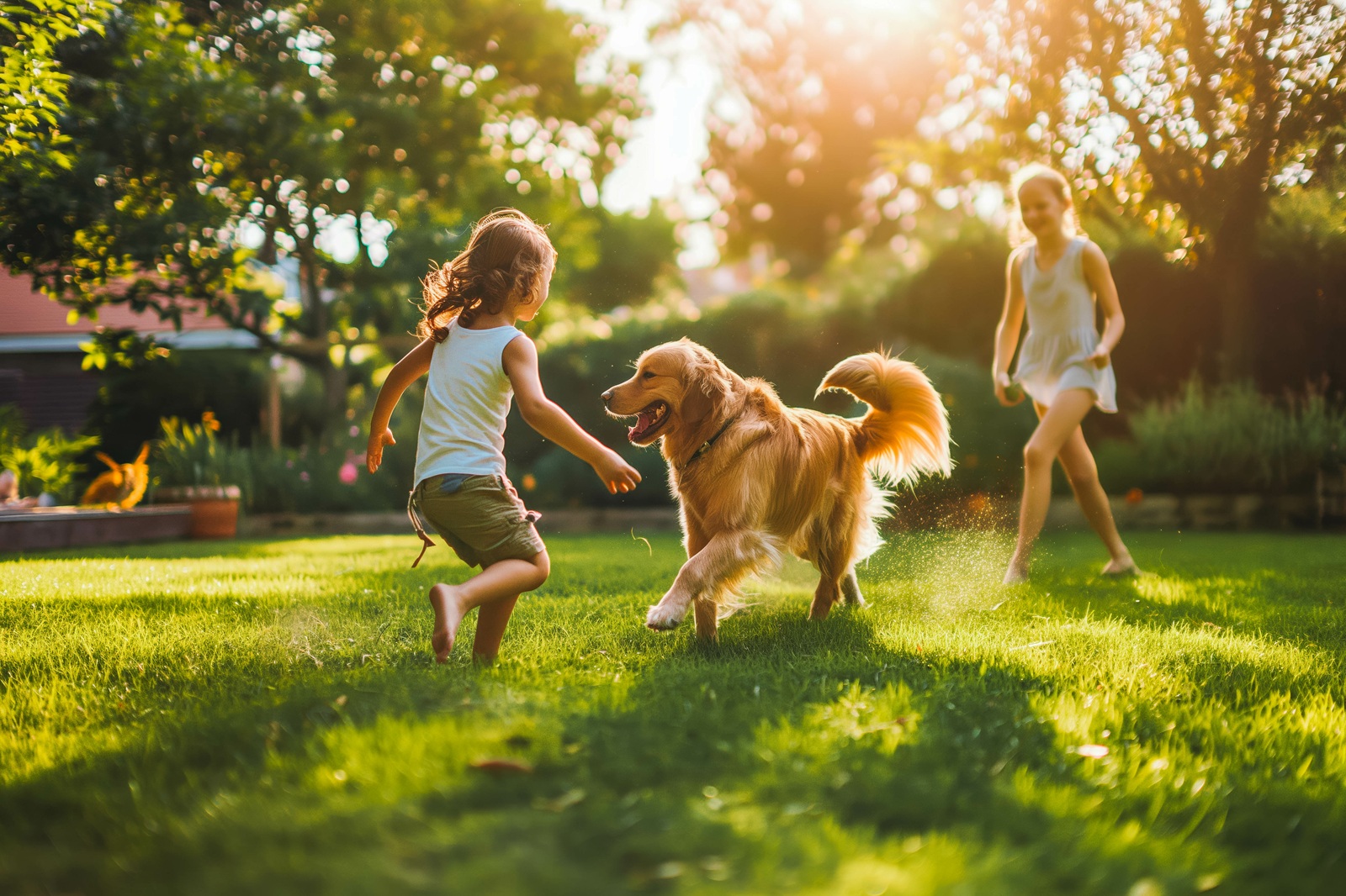 happy child with dog playing in the backyard
