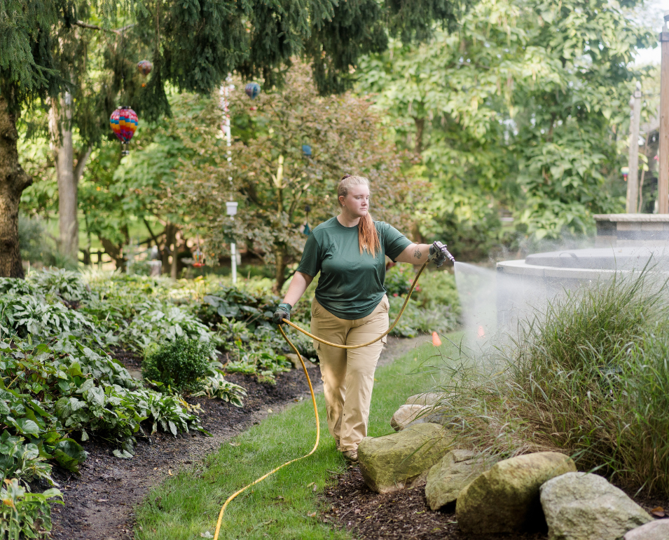 A woman in work attire sprays water from a hose onto plants in a lush garden.