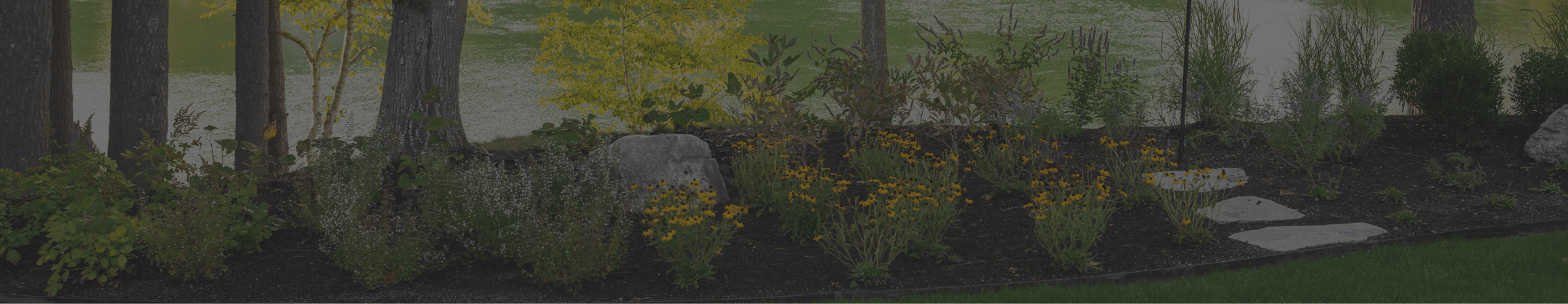 A lush landscaped garden bed featuring diverse plants, yellow flowers, trees, and stepping stones borders