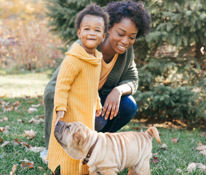 A lady with her young child and small dog playing in a safe backyard treated with ohDEER's natural tick control services.