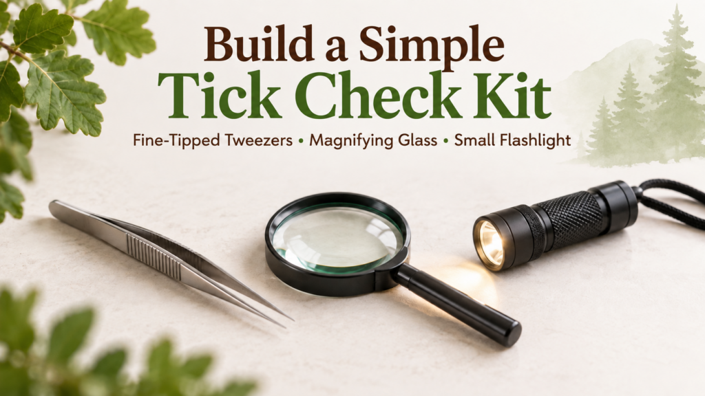 A simple tick check kit featuring fine-tipped tweezers, a magnifying glass, and a lit flashlight