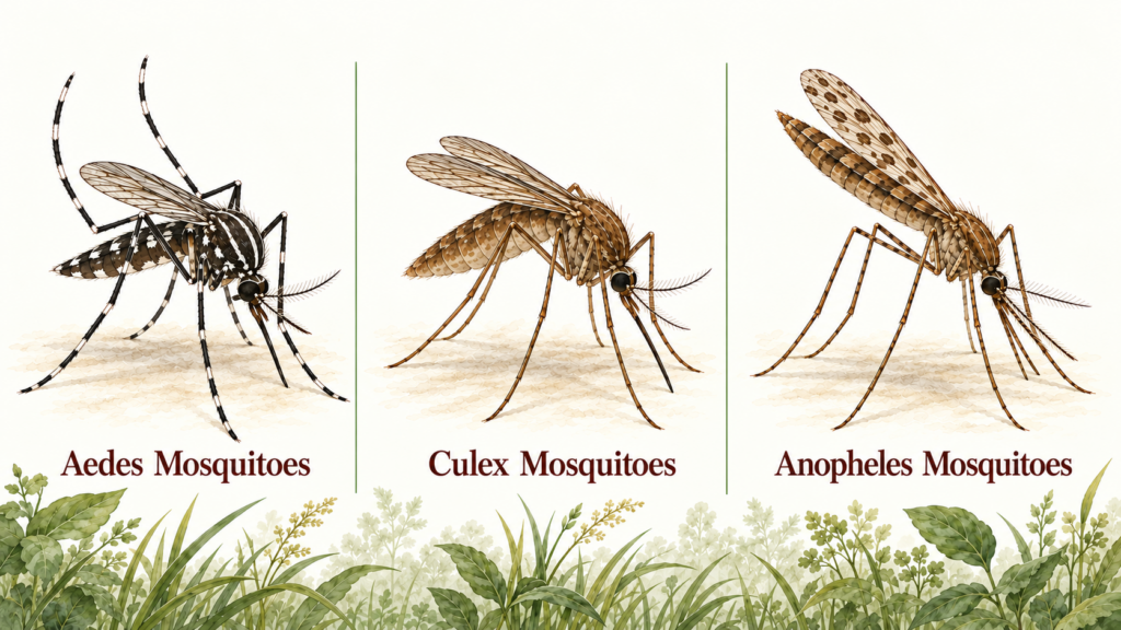 Detailed illustrations display Aedes, Culex, and Anopheles mosquito species for identification.
