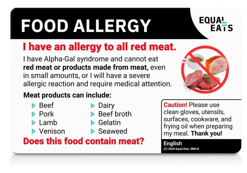 An Equal Eats food allergy card for Alpha-Gal syndrome, warning of a severe red