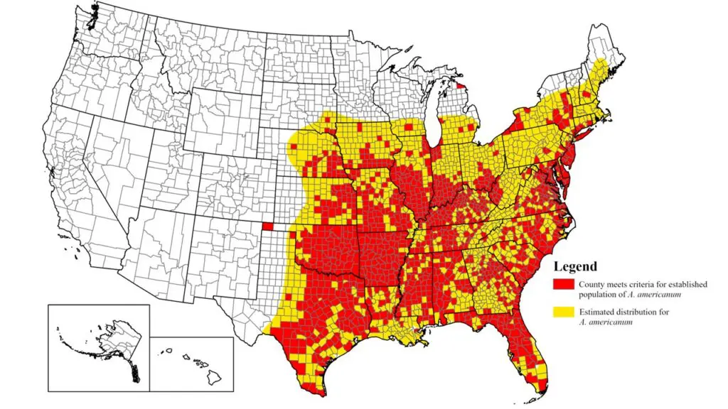 Map displays the estimated and established distribution of A. americanum across the eastern and central United States