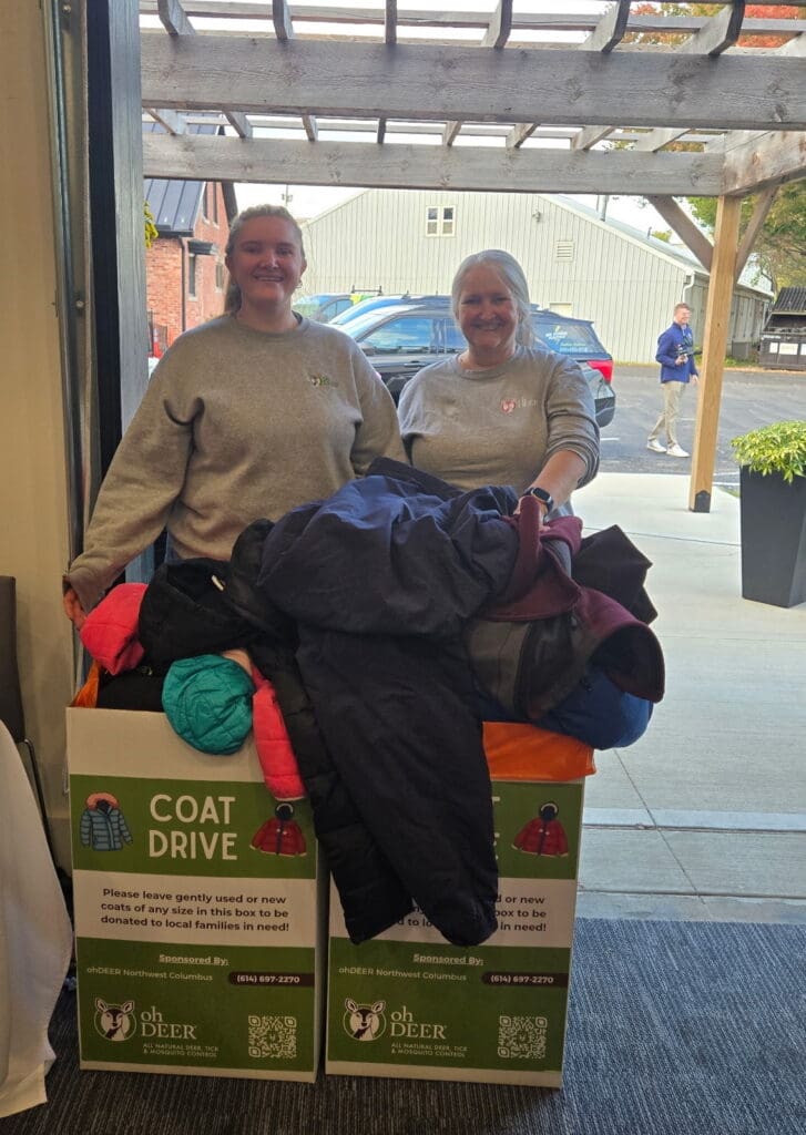 ohDEER community support jeri and sarah lucco collecting coats in boxes for ohDEER coat drive