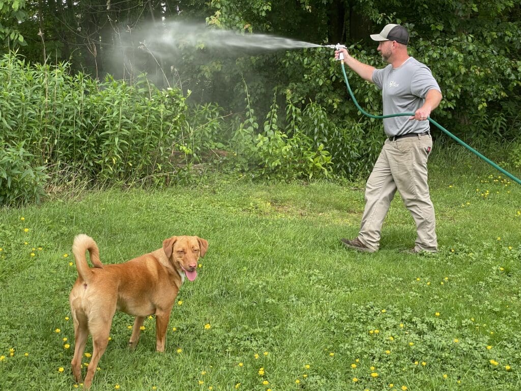 ohDEER westford nashua owner steve casello spraying all-natural tick and mosquito control with dog next to him 
