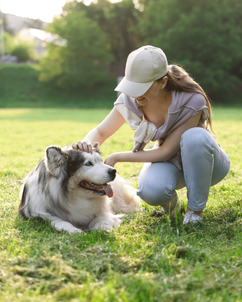 owner petting her dog at the park 