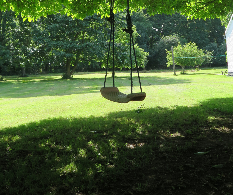 A lone swing hangs from a leafy tree branch over a sunny, green backyard. TITLE: